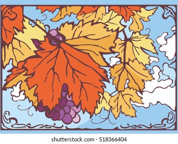 Bunch of autumn grape leaves and grapes, nice sunny day,  clouded bright blue sky on the background. Vector eps 10 hand drawn illustration. Vintage, art nouveau, new art, stained glass style.