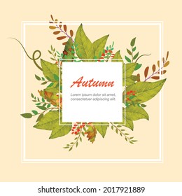 Bunch of autumn leaves arrangement background with white frame