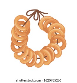 A bunch of bagels on a rope icon in flat style isolated on a white background. Russian traditional food. Symbol of the holiday Shrovetide or Maslenitsa. Vector illustration.