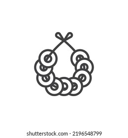 Montón de bagels en un icono de cuerda. signo de estilo lineal para concepto móvil y diseño web. Los bagels rusos delinean un icono vector. Símbolo, ilustración del logotipo. Gráficos vectoriales