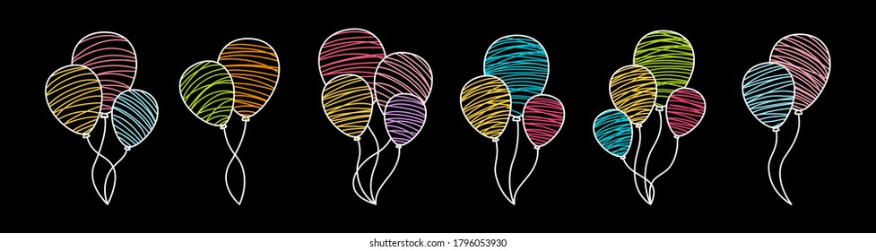 Bunch balloon birthday line chalk graphic set. Colorful bunches and groups helium air balloons. Birthday party cartoon flat outline collection. Anniversary surprise gift. Isolated vector illustration