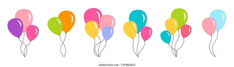 Bunch balloon birthday set. Colorful bunches and groups helium air balloons. Party design cartoon flat collection. Holiday anniversary surprise. Isolated vector illustration