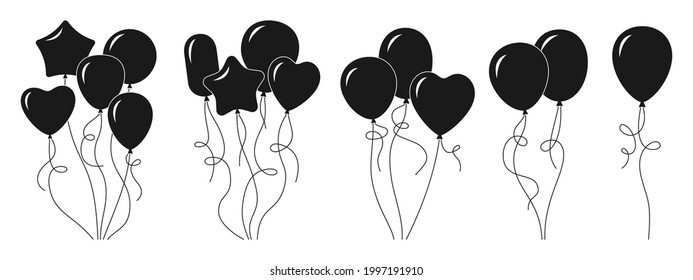 Bunch Balloon cartoon black glyph set. Silhouette helium air balloons bunches and groups party collection. Birthday or valentines day. Holiday anniversary surprise round circle, heart shape Vector