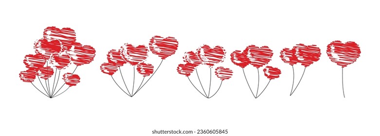 Bunch Ballon Heart Form Linie Kreide Grafik Set. Rote Sträuße und Gruppen Helium Luft Ballons. Geburtstagsfeier Design Cartoon flache Sammlung. Ferienüberraschung Geschenk Herz Ballon. Einzelvektor