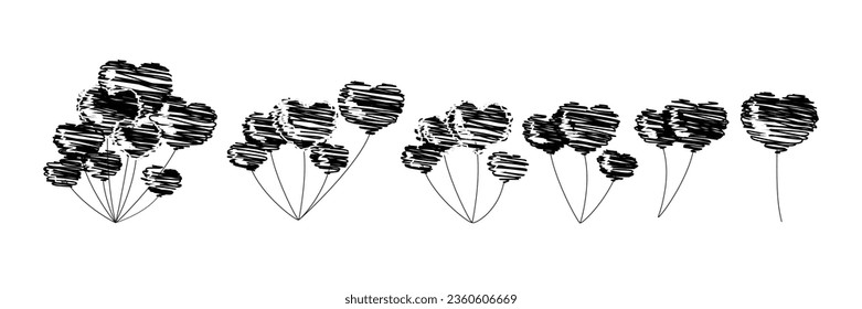 Bunch Balloon Heart shape line chalk graphic set. White and black bunches and groups helium air balloons. Party design cartoon flat collection. Holiday surprise gift heart balloon. Isolated vector
