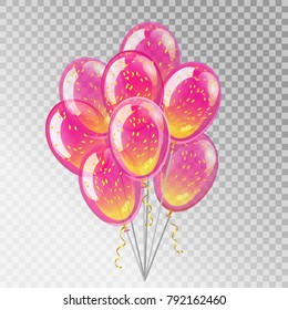 Bunch of Balloons. 3d realistic Pink air balloons isolated on transparent background. Vector illustration