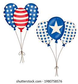 Montón de globos con elementos de la bandera estadounidense. Diseño vectorial de la celebración nacional de Estados Unidos.
