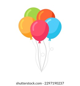 Bunch of balloons for birthday party vector illustration. Cartoon isolated group of round yellow red blue orange green helium balloons on strings flying, bright inflatable toys to celebrate carnival