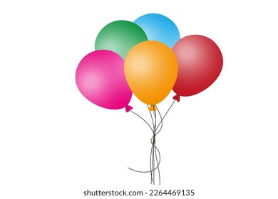 Bunch of balloons for birthdays and parties. Balloon flying on a rope. Blue, red and yellow balls isolated on white background. Flat icon for celebration and carnival. Vector.