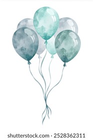 Un montón de globos con un esquema de color azul y gris. Los globos flotan en el aire y están atados entre sí