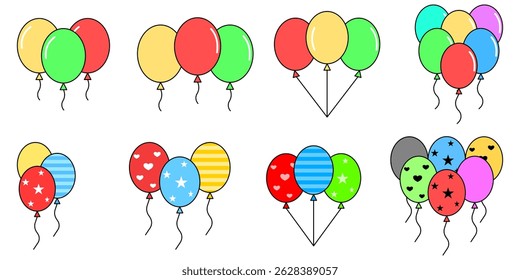 Bunch of Balloons in Cartoon flat style isolated on white background. Flying balloon with rope.