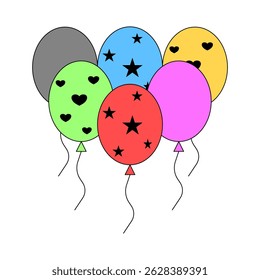 Bunch of Balloons in Cartoon flat style isolated on white background. Flying balloon with rope. Anniversary design. Vector illustration.