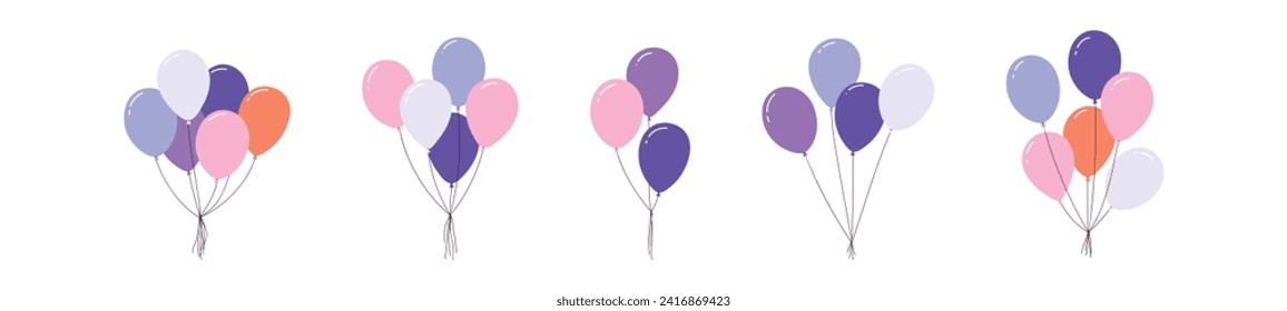 Bunch of balloons in cartoon style for birthday and party. Colorful balloons with flat ropes, festive bundle. Flat vector illustration isolated on white background.