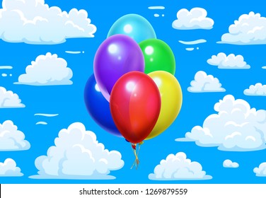 Bunch balloons in clouds. Cartoon blue cloudy sky and colorful 3d glossy balloons. Helium air balloon in sky, birthday party fun or carnival joy vector illustration