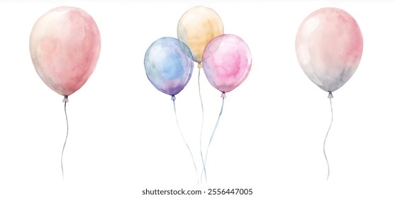 A bunch of balloons in different colors are floating in the air. The balloons are arranged in a row, with one balloon slightly to the left of the others. Scene is cheerful and festive