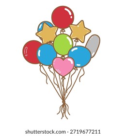 Un montón de globos en estilo de dibujos animados planos aislados sobre un fondo blanco. Globos redondos, amor y estrellas.