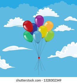 Bunch of balloons flying in cloudy sky. Vector illustration.