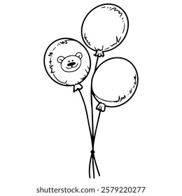 Bunch of balloons. Hand drawn doodle. Nursery decor. Festive decoration for meeting a baby from the maternity hospital. Cute image of a teddy bear. Childhood. Vector line art illustration.