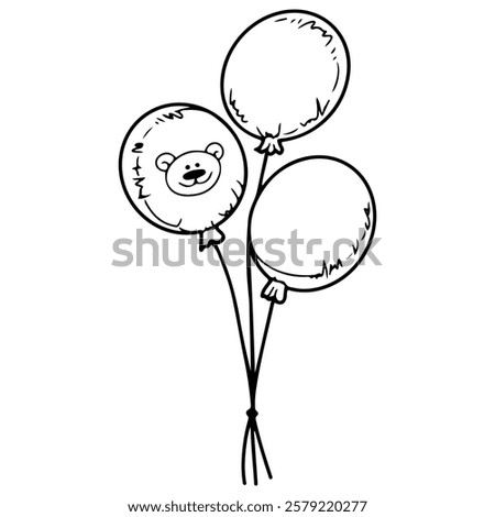 Bunch of balloons. Hand drawn doodle. Nursery decor. Festive decoration for meeting a baby from the maternity hospital. Cute image of a teddy bear. Childhood. Vector line art illustration.