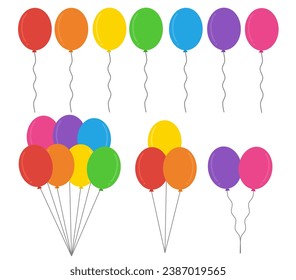 Montón de globos aislados en cumpleaños o fiesta de fondo blanco.Balón de helio volador con cuerda.Diseño plano.Concepto de celebración y carnaval.Signo, símbolo, icono o logotipoIlustración vectorial de dibujos animados.