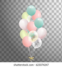 Bunch of balloons isolated.  Set of yellow, pink, green balloon.  Party decorations for birthday, anniversary, celebration.  vector. 