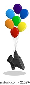 Bunch of balloons lifts up heavy anvil. Metaphor incredible effort, overcoming difficulties. Cartoon vector isolated on white background