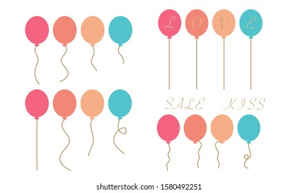 Bunch of balloons with love text in flat style vector isolated on white background.