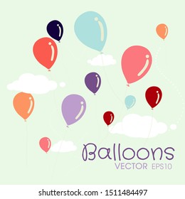Bunch of balloons on the air with cloud flat style isolated on green background