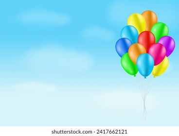 Bunch of Balloons on Blue Sky. Background for Party, Birthday, Celebration or Children's Day. Vector Illustration.