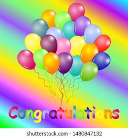 Bunch of balloons on rainbow background. Holiday background. Design template for flyer, poster, sign, web, postcard, birthday celebration. Vector illustration.