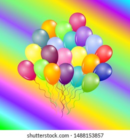 Bunch of balloons on rainbow background. Holiday background. Design template for flyer, poster, sign, web, postcard, birthday celebration. Vector illustration.