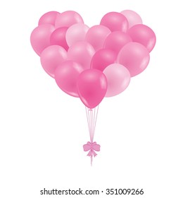 A bunch of balloons. Pink balloons in the shape of a heart. Design for Valentine's day, birthday, cards. Isolated on white. Vector illustration.