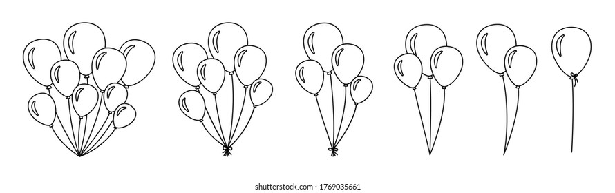 Conjunto de globos. Esbozo y grupo globos de helio. Colección plana de dibujos animados de diseño de la fiesta de cumpleaños lineal. Balón redondo de regalo sorpresa de vacaciones. Ilustración vectorial aislada