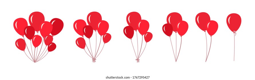 Bunch of balloons set. Red bunches and groups helium balloons. Valentines day party design cartoon flat collection. Holiday surprise gift round ballon. Isolated vector illustration