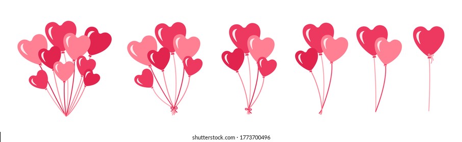 Bunch of balloons set. Romantic surprise gift shape heart ballon. Pink bunches and groups helium balloons. Valentines day party design cartoon flat collection. Isolated vector illustration