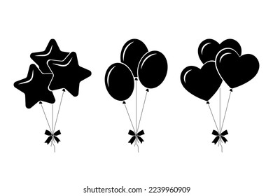 conjunto de globos, estrella, corazón, forma oval, ilustración vectorial negra