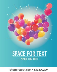 Bunch of Balloons in the Shape of Heart and Rays. Flying Balloons greeting card.Vector Illustration.Surprise Template of Magazines, Posters, Book Cover, Banners.Valentine Valentine from Balloons