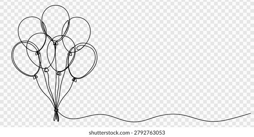 a bunch of balloons tied continuous one line drawing, Balloon single line art, continuous one line drawing of Isolated outline vector icon, A bunch of air balloons in one line art style. Party decorat