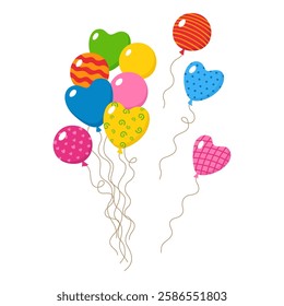 Bunch of balloons vector illustration for holiday greeting card. Colorful decorative cartoon bundle patterned balloons fly in sky. Vector perfect for party decorations greeting cards children's design