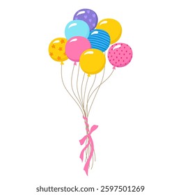 Bunch of balloons vector illustration for holiday greeting card. Colorful decorative cartoon bundle patterned balloons with bow. Vector perfect for party decorations greeting cards, children's designs