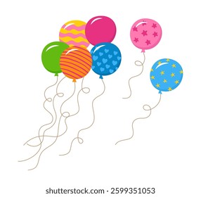 Bunch of balloons vector illustration for holiday greeting card. Colorful decorative cartoon bundle patterned balloons fly in sky. Vector perfect for party decorations greeting cards children's design