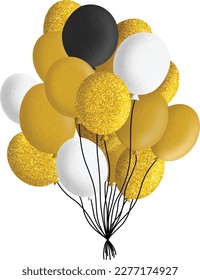 Bunch of balloons white black gold glitter isolated on white background