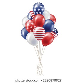 Bunch balloonswith prints of the US flag, July 4th Independence Day. Holiday decoration.