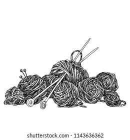 Bunch of balls of yarn and knitting needles. Sketch. Engraving style. Vector illustration.