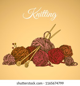 Bunch of balls of yarn and knitting needles. Color card. Engraving style. Vector illustration.