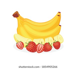 Bunch of bananas decorated with strawberry, flat cartoon vector illustration isolated on white background. Design for banana and strawberry flavored food packaging.