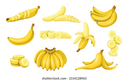 Bunch of bananas, half peeled banana and slices of tropical fruits, snack. Vegan food vector icon, cartoon style.