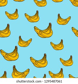 Bunch of bananas seamless pattern on blue background. Vector illustration for ads, menu and web banner designs. Organic and healthy food concept.