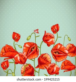 Bunch of Beautiful Red Poppy vector illustration Vintage Invitation Floral Card Design with Poppy. 