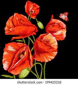 Bunch of Beautiful Red Poppy vector illustration Vintage Invitation Floral Card Design with Poppy. 